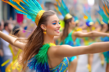 Wall Mural - Young caucasian woman dancer in colorful costume celebrating carnival with joyful expression, Mardi Gras festival