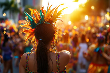 Wall Mural - Young woman at vibrant carnival celebration with sunset backdrop, Mardi Gras festival