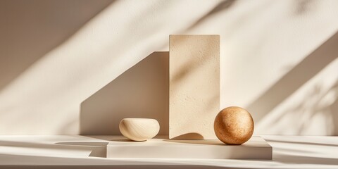 Poster - Minimalist Sculpture Display Featuring Natural Textures in a Sunlit Studio Environment