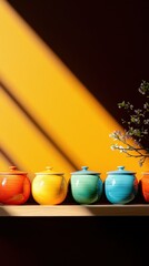Poster - Vibrant Colorful Ceramic Jars on a Shelf Warm Sunlit Room Still Life Modern Interior Close-Up View Artistic Display