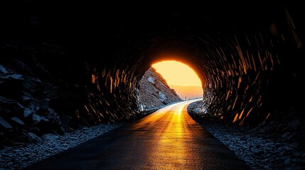 Wall Mural - light at tunnel's end, with snow-grounded road and rocky sides