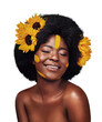 © peopleimages.com - Hair care, sunflowers and black woman with eyes closed, beauty or natural isolated on transparent png background. Cosmetics, makeup or happy person in floral hairstyle, organic afro treatment or skin