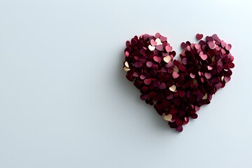Poster - Heart shape made from burgundy red metallic confetti pieces arranged on white background, casting soft shadow. Romantic minimal composition for love themes.