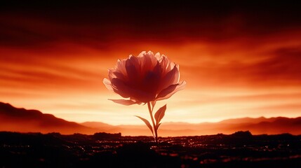 Wall Mural - a white flower in the center of a field against a red backdrop with distant clouds