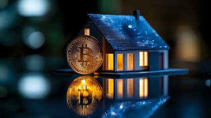 Poster - Golden bitcoin coin next to glowing miniature house model with blue lighting effect and reflection on dark background, cryptocurrency real estate concept.