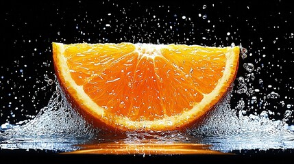 Wall Mural -   Close-up photo of an orange with water droplets on its skin against a dark backdrop