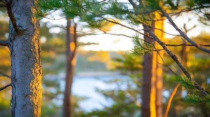 Wall Mural - Sunset view through pine trees, coastal forest