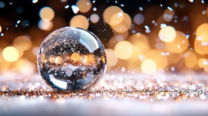 Wall Mural -   Glass ball on a reflective surface surrounded by out-of-focus light sources