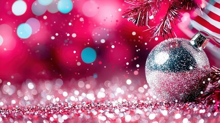 Wall Mural -   Close-up of Christmas ornament on red-pink background with flag in the background