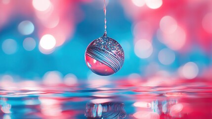 Wall Mural -   A close-up of a Christmas ornament hanging from a string on a blue, red, and pink background