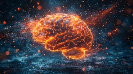 Poster - A glowing brain emerges from the darkness, surrounded by fiery energy and swirling particles. The scene evokes a sense of wonder and curiosity about the power of thought and imagination