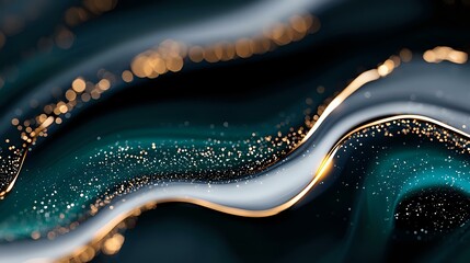 Poster - Abstract luxury background with flowing golden waves and glitter on deep teal surface, modern fluid art design for elegant presentations and decor.