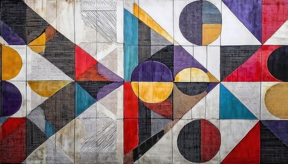 Aufkleber - abstract geometric composition with intersecting semicircles, triangles, and bold colors on textured canvas for modern decor


