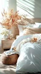 Wall Mural -   A bed with a white comforter, wicker basket, white sheets, and pillows on the floor