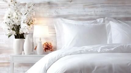 Wall Mural -   A white bed with sheets and pillows, a white vase of flowers on a nearby nightstand, and a lamp illuminating the scene