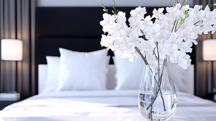 Wall Mural -  A vase of white flowers on a bedside table with two lamps flanking it