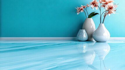 Poster -   A pair of vases perched atop a radiant blue rug beside a floral wall