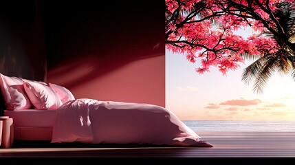 Wall Mural -   A pink comforter adorns the bed, while a window offers views of the ocean and palm trees