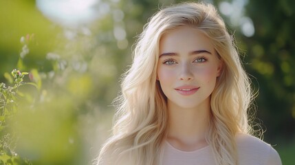 Wall Mural - Blonde woman smiling, outdoors, sunlight, green background, beauty portrait