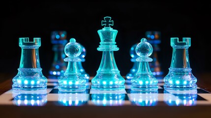 Poster - Glowing chess pieces in neon blue light on dark background create dramatic atmosphere. Glass-like figures illuminate from below on reflective surface.