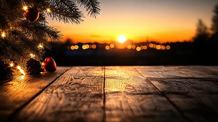 Wall Mural - a wooden table, topped with a pine tree, sits beside a festively lit christmas tree, while a warm su
