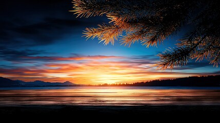 Wall Mural - the sun sets behind a lake, with a pine tree in the foreground and a mountain in the background