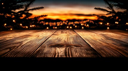 Wall Mural - wooden table under sunset with lights on top