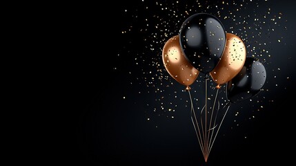 Wall Mural -   A group of black and gold balloons float gracefully in the air, adorned with shimmering gold confetti