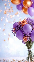 Wall Mural -   A group of balloons floats above an arrangement of purple and orange blossoms, adorned with a bow