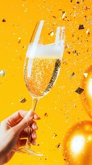 Wall Mural -   A person sips wine from a glass against a yellow backdrop with confetti