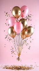 Wall Mural -   A photo of pink balloons and golden confetti against a pink background, featuring golden balloons and golden confetti