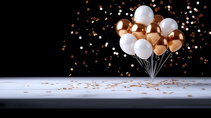 Wall Mural -   Balloons float, gold and white confetti scatter; black backdrop