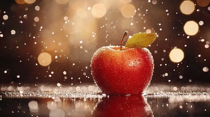 Wall Mural -   An apple is on a wet table with a leaf above it