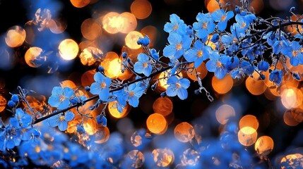 Wall Mural -   A blue flower on a branch with blurry background lights