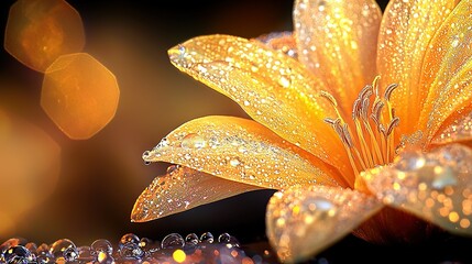 Wall Mural -   Close-up photo of a sunflower with dew on its petals against a blurred backdrop