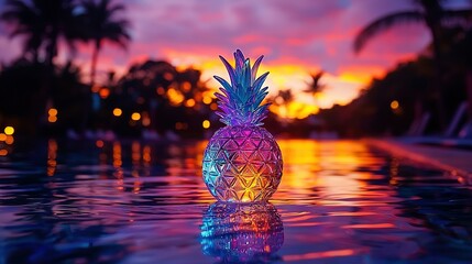 Wall Mural - a glass pineapple sits in a water pool during sunset, surrounded by palm trees