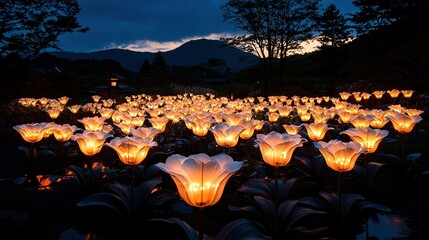 Wall Mural - a lit-up field of flowers in a moonlit forest, surrounded by a majestic mountain