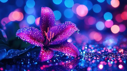 Wall Mural -   A detailed image of a luminous purple flower with droplets of water on its petals, set against an out-of-focus backdrop of vibrant blue, pink, and