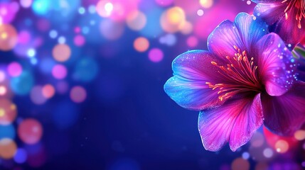 Canvas Print -   Close-up of purple flower against blue/pink backdrop with blurred background lights