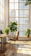 Aufkleber - Sunlight streams through large windows into a stylish office, highlighting a cozy chair and plants that bring life to the minimalist decor. The bustling city can be seen beyond