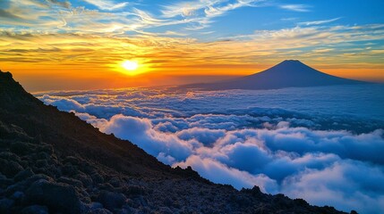 Poster - Glowing orange light spills over the horizon as the sun rises, casting a warm hue on fluffy clouds below. A prominent volcano stands tall in the distance, framed by a breathtaking sky