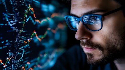 Poster - Professional trader with beard and glasses analyzing financial market data on digital screen with stock charts and trading indicators in dark office environment.