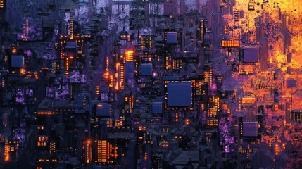 Poster - abstract city with circuits glowing at night, suitable for tech background or digital art project