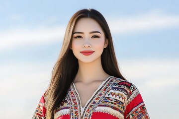 Wall Mural - Woman, outdoors, portrait, sunny sky, ethnic dress