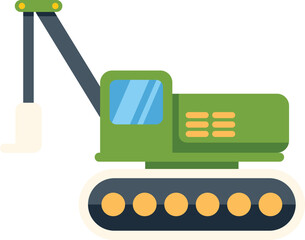 Poster - green excavator digging with its bucket on a construction site, colorful illustration in flat design