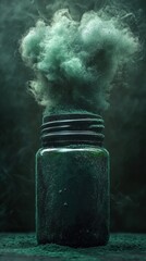Poster - Explosive green smoke emanates from jar studio setup still life dark background angle visual effects