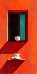 Poster - Coffee cups displayed on a bright orange wall window urban setting still life vibrant color contrast