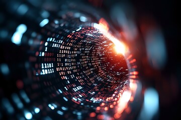 Poster - Digital tunnel with glowing binary code and red light effect in dark cyberspace background, representing data flow and network connectivity concept.
