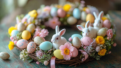Wall Mural - Easter wreath with colorful eggs, flowers and rabbits on blurred background