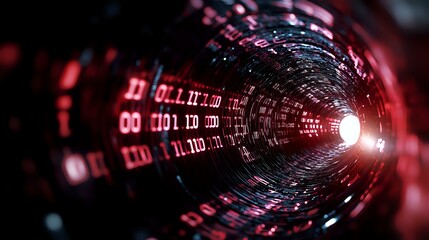 Poster - Digital binary code tunnel in red and black with glowing light at end, abstract technology background for cybersecurity and data transfer concepts.